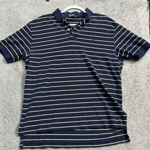 Polo Ralph Lauren Mens Large Navy Blue Striped Cotton Pique Polo Shirt Short Slv